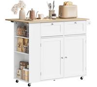 WOLTU Îlot Central sur roulettes 62x 101 x 86cm Desserte de Cuisine avec Plateau Rabattable Étagère Latérale Blanc