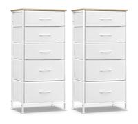 WOLTU Lot de 2 Commodes 5 Tiroirs, Meubles de Rangement à Tiroirs en Tissu | Armoire, en MDF Cadre en métal, Blanco Nube + Beige Roble