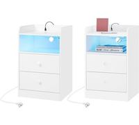 WOLTU Lot de 2 Table de Chevet avec Lumière LED, Table d'Appoint avec Station de Charge, Prises et Ports USB, Blanc W0ETT0150-2