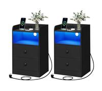 WOLTU Lot de 2 Tables de Chevet avec Prise, Ports USB et Lumière LED, Noir | Table d'Appoint avec Tiroirs et Compartiment Ouvert, en Panneaux E1