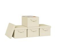 WOLTU Lot de 4 Boîtes de Rangement Pliables, Paniers de Rangement en Tissu Non Tissé, avec Couvercle et Poignées, pour Jouets et Vêtements, Crème, 38x27x20cm