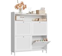 WOLTU Meuble à Chaussures, Armoire à Chaussure à 4 Portes Abattantes, Compartiment Ouvert,Meuble d'Entrée, Blanc