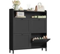 WOLTU Meuble à Chaussures, Armoire à Chaussure à 4 Portes Abattantes, Compartiment Ouvert, Meuble d'Entrée, Noir