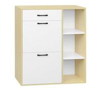 WOLTU Meuble à Chaussures avec Tiroir et Compartiments Rabattables et Ouverts, Armoire à Chaussures à 3 Niveaux, Étroit et Haut, en Bois Composé, Blanc + Bois Naturel