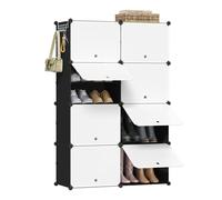 WOLTU Meuble Chaussure, Rangement Chaussure avec 8 Compartiments, pour 32 Paires, Boîte à Chaussures Empilable, Étagère Chaussures en Plastique, avec Portes, Blanc+Noir