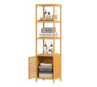 WOLTU Meuble Salle de Bain Bambou, Étagère Colonne pour Salle de Bain avec 4 Tablettes Ouvertes, 1 Placard avec Porte à Lamelles, 36x33x140cm