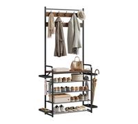 WOLTU Penderie 4 en 1, Portant à Vêtements avec Étagère à Chaussures et Porte-parapluies, Panneau Supérieur en Bois Composé, pour Entrée, 80x30x190 cm, en Métal, Marron Rustique + Noir