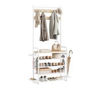 WOLTU Penderie 4 en 1, Portant à Vêtements avec Étagère à Chaussures et Porte-parapluies, Panneau Supérieur en Bois Composé, pour Entrée, 80x30x190 cm, en Métal, Chêne Clair + Blanc