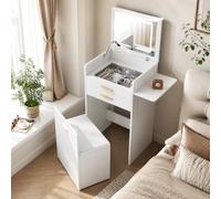 WOLTU Petite Coiffeuse avec Miroir LED Pliable et Tabouret de Rangement | Table de Maquillage 3-en-1, Plateau en verre avec Bandes LED, Tiroir avec Organiseur à Bijoux, Tablette Latérale Rabattable