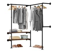 WOLTU Portant à Vêtement Mural, Porte-Manteau en Tubes d'Acier et 2 Étagères, Penderie Industrielle et Vintage, Armoire Ouverte pour Chambre, Vestiaire, Magasin, Noir+Chêne Foncé