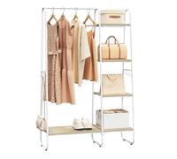 WOLTU Portant à Vêtement, Penderie, avec Tringle, 4 Tablettes, Étagère à Chaussures, 6 Crochets, 100x40x152cm, en Bois d'Ingénierie et en Métal, pour Entrée, Chambre, Chêne Clair+Blanc