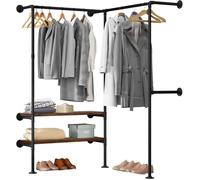 WOLTU Portant à Vêtements Mural, Porte-Manteau en Tubes d'Acier et 2 Étagères, Style Industriel, Noir+Chêne Foncé, SRY43shei