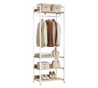 WOLTU Porte-Manteau Meuble pour Vêtements avec Un Tringle et 4 Étagères de Rangement en Bois et Acier, Penderie Ouverte pour Salon, Chambre Chêne Clair + Blanche