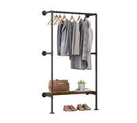 WOLTU Porte Vêtements Mural, Penderie Vêtement pour Dressing Mural, Portant à Vêtement, en Tube d’Acier, Style Industriel, Étagère en MDF,Noir+Marron Rustique