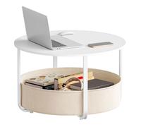 WOLTU Table Basse Ronde, Table d'Appoint de Salon, Ø 80 cm avec Panier de Rangement en Toile et Structure en Métal,Blanc + Beige