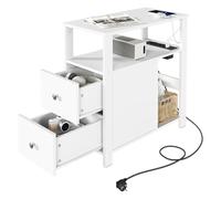 WOLTU Table d'Appoint avec Prise Intégrée, Table de Chevet Étroite avec 2 Tiroirs 2 Étagères 1 Compartiment Ouvert, 60x60x30 cm, Blanc, BTS28ws