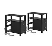 WOLTU Table d'Appoint avec Prise Intégrée, Table de Chevet Étroite avec 2 Tiroirs 2 Étagères 1 Compartiment Ouvert, 60x30x60 cm, Noir, BTS28sz-2