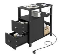 WOLTU Table d'Appoint avec Prise Intégrée, Table de Chevet Étroite avec 2 Tiroirs 2 Étagères 1 Compartiment Ouvert, 60x60x30 cm, Noir, BTS28sz