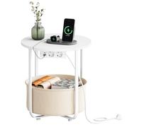 WOLTU Table d'Appoint avec Station de Charge, Petite Table Basse Ronde, avec Panier en Tissu Amovible, 2 Prises, 1 Port USB et 1 Port Type-C, Cadre Métallique, Ø45xH50 cm, Blanc+Beige