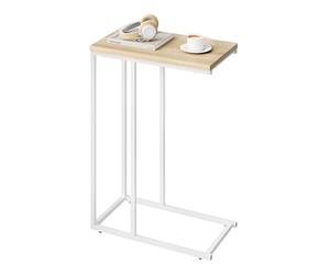 WOLTU Table d'Appoint en Forme de C, Bout de Canapé, Cadre en Métal, Plateau en Bois d'Ingénierie, pour Salon, Chambre, 45x25x63,5cm,Chêne Gris + Blanc