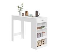 WOLTU Table de Bar, Table Haute Cuisine, 1 Tiroir et 3 Compartiments Ouverts pour Rangement Latéral, en Bois d'Ingénierie (avec Planches en Bois, Blanc, 120 x 50 x 90 cm)