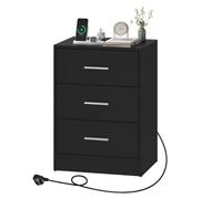 WOLTU Table de Chevet avec Prise Intégrée, 3 Tiroirs, Noir | Table d'Appoint, 2 Prises AC, 1 Port USB, 1 Port Type-C,39x28,5x54,5cm