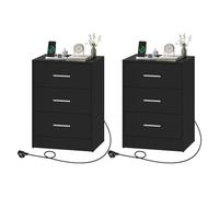 WOLTU Table de Chevet avec Prise Intégrée, Lot de 2, 3 Tiroirs, Noir | Table d'Appoint, 2 Prises AC, 1 Port USB, 1 Port Type-C,39x28,5x54,5cm