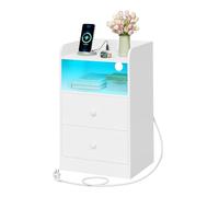 WOLTU Table de Chevet avec Station de Charge, Prises et Ports USB, Table d'Appoint avec Lumière LED, Table de Lit avec 2 Tiroirs 1 Compartiment Ouvert, Meuble Chambre en Bois, Blanc, NTS07ws