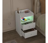 WOLTU Table de chevet avec station de charge, prises USB, ports USB, table d'appoint avec lumière LED, table de chevet en bois pour chambre à coucher 1pc white