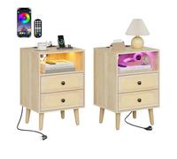 WOLTU Table de Chevet Connctée, avec LED Réglable et Multiprise, Lot de 2 | Table de Nuit, Aspect Rotin, 1 Casier Ouvert et 2 Tiroirs, Style Bohème, en Bois d'Ingénierie, 40x35x60 cm, Chêne Clair