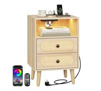 WOLTU Table de Chevet Connectée, avec Éclairage LED Réglable et Multiprise | Table de Nuit, Aspect Rotin, 1 Casier Ouvert et 2 Tiroirs, Style Bohème, en Bois d'Ingénierie, 40x35x60 cm, Chêne Clair