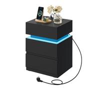 WOLTU Table de Chevet Connectée, LED, 2 Prises, 2 Ports USB, Noir | Table de nuit avec Station de Charge, 2 Tiroirs, 1 Casier