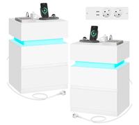 WOLTU Table de Chevet Connectée, Lot 2, LED, 2 Prises, 2 Ports USB, Blanc