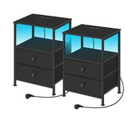 WOLTU Tables de Chevet avec Prises, Lot de 2 Tables d'Appoint avec Éclairage LED, 2 Tiroirs et Compartiment Ouvert, Noire, pour Salon, Chambre à Coucher, Bureau, Métal + MDF, NTS27sz-2