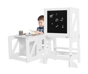 WOLTU Tour d'apprentissage Montessori 3 en 1, Tour d'Éveil Pliable pour Enfant, Tour d'Observation avec Tableau Noir, Barre de Sécurité, Pieds Anti-Bascule, pour Bébé Plus de 12 Mois, Blanc