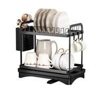 Womanht Égouttoir à vaisselle en métal à 2 niveaux, petit égouttoir de cuisine noir avec plateau d'égouttement pour égoutter et organiser les assiettes de comptoir