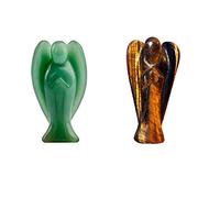 Wonder Care -1 Green Aventurine Angel+1 Tiger Eye Angel Figurines, Crystals Gemstone Carved Mini Statue for Love, Peace & Healing Reiki Healing Guardian Angel Christmas Blessing Gift(1.5-2 inches)