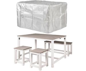 WONDERMAKE® Ensemble de salon en bois extérieur jardin balcon 4 personnes, ensemble de repas extérieur, set : table banc tabouret, blanc gris