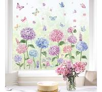 wondever Stickers Fenetre Bleues Fleur de Jardin Autocollant Fenêtre Rose Violet Hortensia Papillon Floral Electrostatique Anti-Collision Décoration pour Printemps Été Vitre Stickers