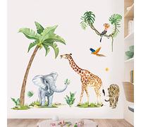 wondever Stickers Muraux Animaux de la Jungle Autocollants Muraux Mural Stickers Safari Éléphant Girafe Léopard Palmier pour Chambre Enfants Bébé Pépinière (H:130cm)