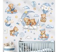 wondever Stickers Muraux Enfants Ourson Endormis Autocollants Muraux Mural Stickers Montgolfière Ballon Ours Nuages Lune et Étoiles pour Bébé Pépinière Chambre Enfants