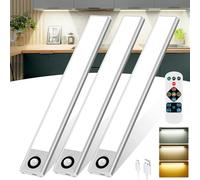 Wonkelly Lampe de Placard LED avec télécommande, 72 d'éclairage d'armoire avec détecteur de mouvement, 2200mAh USB-C Rechargeable, 3000K/4000K/6000K Dimmable, Barre LED 30cm pour penderie,3pcs
