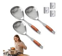 Wooden Handle Stainless Steel Skimmer, Skimmer Spoon Stainless Steel with Heat-Resistant Wooden Handle - Deep Fry Scoop & Spider Strainer For Deep Frying, Boiling & Fast Oil Draining (3Pcs)