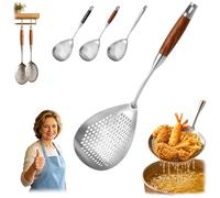 Wooden Handle Stainless Steel Skimmer, Tainless Steel Cooking Strainer with Wood Handle, Large-capacity Long-handle Kitchen Strainers Mesh Spoon for Cooking, Frying & Draining (Pear Wood, Small)
