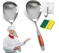 Wooden Handle Stainless Steel Skimmer With Oval Drainage Matrix, 14.76 In Lengthened Rapid Oil Draining Slotted Spoon, Heavy Duty Spider Strainer, For Non-Greasy Crispy Frying (2PCS-13.70 In)