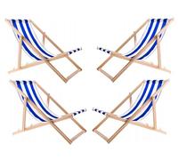 WOODOK Lot de 4 chaises longues en bois de hêtre - Pour plage, jardin, balcon et terrasse - Pliable - Jusqu'à 120 kg - Rayures bleues