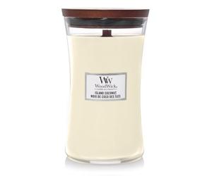 WoodWick Bougie parfumée grand format sablier | Noix de coco des îles | avec mèche crépitante | Durée de combustion : jusqu'à 130 heures