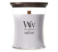 WoodWick bougie parfumée moyenne avec mèche en bois crépitante | Lavande et Cèdre | Jusqu'à 60 heures de combustion