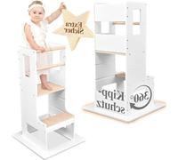 Woody Star® Tour d'apprentissage pour enfants à partir de 1 an - protection anti-basculement à 360°, tabouret Montessori réglable en hauteur pour enfants, chaise en cuir, carré blanc