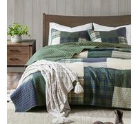 Woolrich Mill Creek Reversible Quilt Set - Cottage Styling Reversed to Solid Color, All Season Lightweight Coverlet, Cozy Bedding Layer, Matching Shams, Oversized Full/Queen, Plaid Green 3 Piece